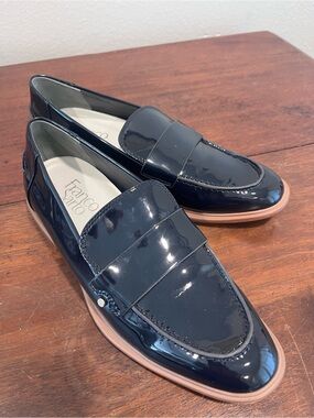 Franco Sarto Navy Patent Loafers with Tan Sole